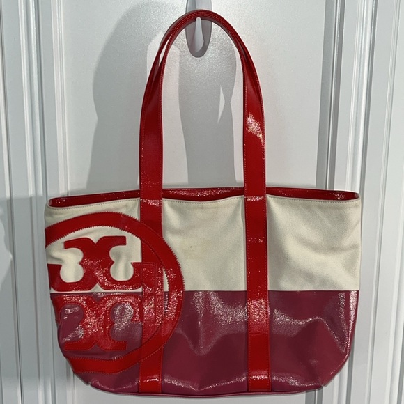 Tory Burch Handbags - Tory Burch Red and White Dipped Canvas Tote Bag Beach Bag Purse
